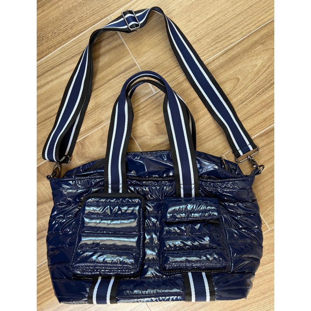 Think Royln Junior Wingman Puffer Tote Bag Navy Blue Patent Quilted Crossbody